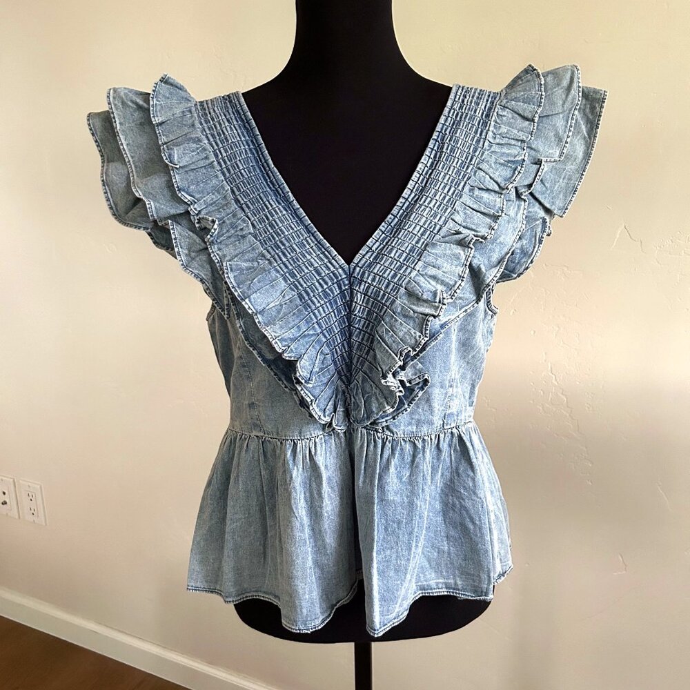 Anthropologie x Mare Mare Women's M NWT Ruffled Chambray Peplum Blouse